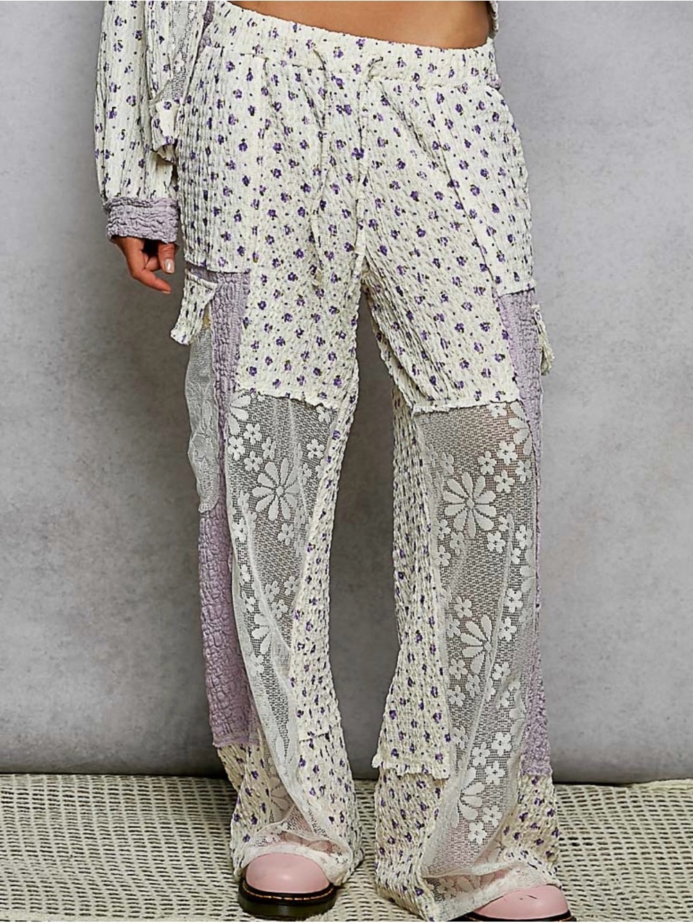 POL Cream and Lavender Wide-Leg Patchwork Lace Pants